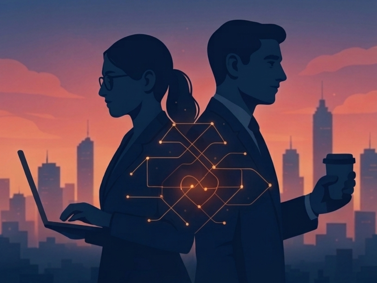 Concept image for The Algorithm of Us — two figures in warm spotlight against glowing corporate backdrops.